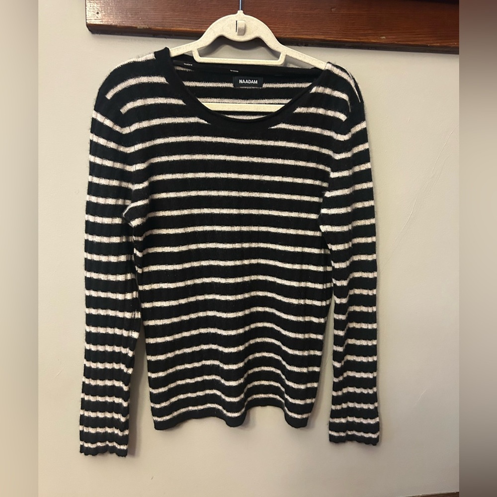 NAADAM 100% Cashmere Striped Ribbed Sweater Pullover Crewneck Black Cream XL